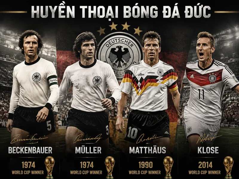Các huyền thoại như Beckenbauer, Müller, Matthäus và Klose tạo nên lịch sử hào hùng của bóng đá Đức.