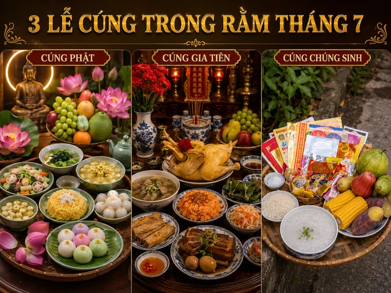 Lễ vật rằm tháng 7 thường được chuẩn bị riêng cho cúng Phật, gia tiên và chúng sinh tùy phong tục mỗi gia đình.