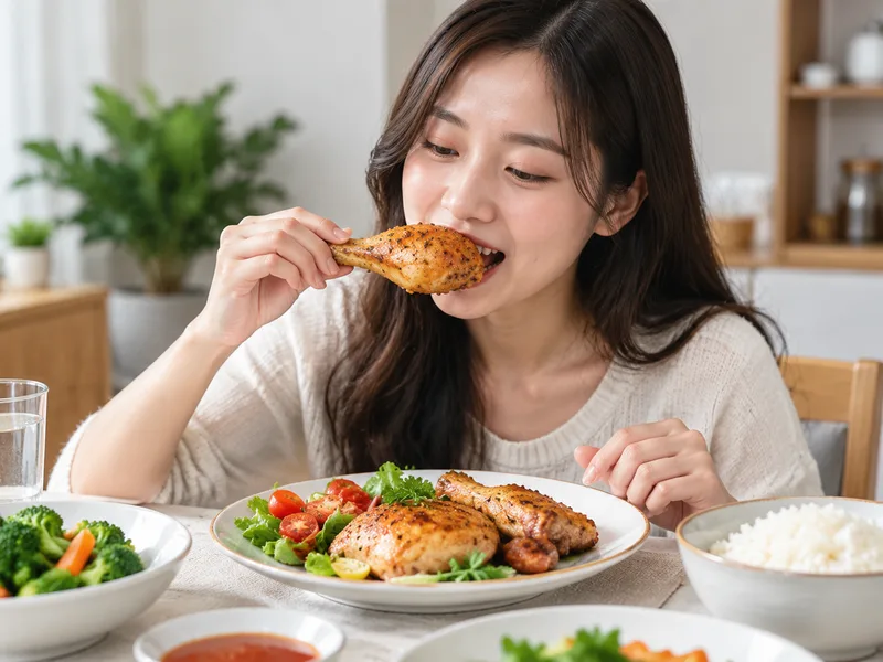 Ăn thịt gà thường xuyên cần cân đối khẩu phần để tránh dư thừa năng lượng và thiếu đa dạng dinh dưỡng.