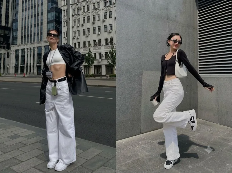 Áo đen phối quần màu trắng tạo độ tương phản rõ nét, giúp outfit sáng, thanh lịch và nổi bật mà không cần nhiều màu sắc.