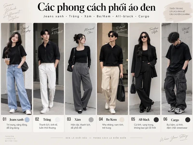Chọn màu và phom quần phù hợp vóc dáng giúp áo đen phát huy hiệu quả tôn tỷ lệ, từ thanh lịch đến trẻ trung hoặc cá tính.