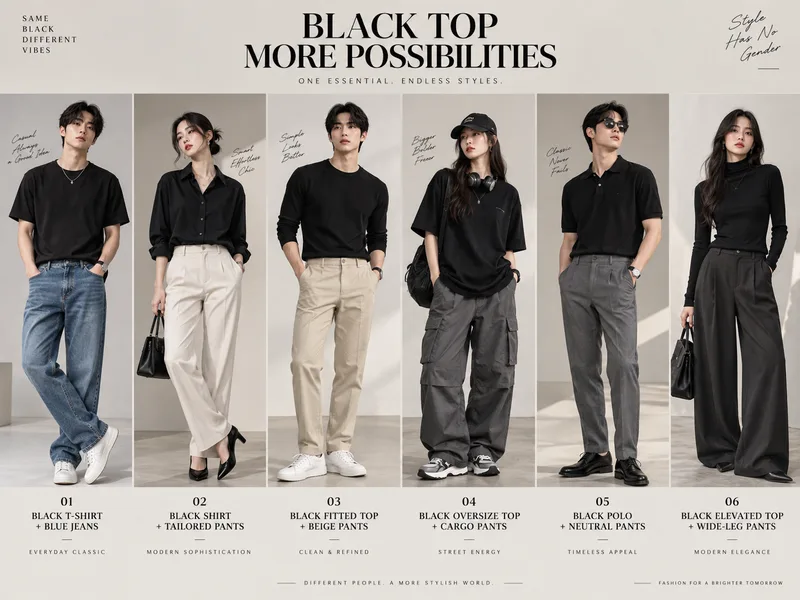 Nam và nữ có thể biến hóa áo đen với jeans, quần tây, be hoặc cargo để tạo nhiều phong cách khác nhau mà vẫn hài hòa.