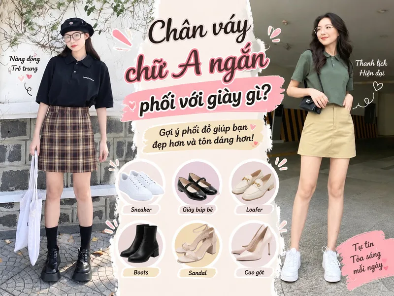 Cách chọn giày phù hợp giúp chân váy chữ A ngắn cân đối vóc dáng và tạo tổng thể hài hòa.