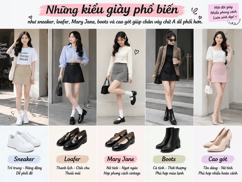Những kiểu giày phổ biến như sneaker, loafer, Mary Jane, boots và cao gót giúp chân váy chữ A dễ phối hơn.
