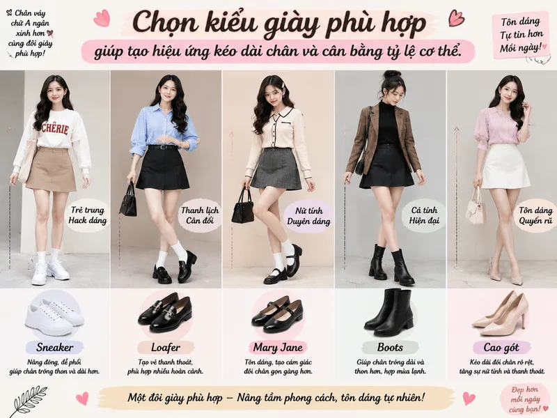Chọn kiểu giày phù hợp giúp tạo hiệu ứng kéo dài chân và cân bằng tỷ lệ cơ thể.