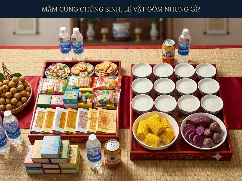 Mâm cúng chúng sinh thường thiên về đồ chay, cháo loãng và thức ăn dễ chia nhỏ, quan trọng nhất là sự thành tâm và vừa đủ.